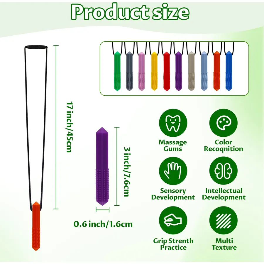 10 Pack Sensory Chew Necklaces for Kids with Autism, ADHD, SPD (10 Colors)