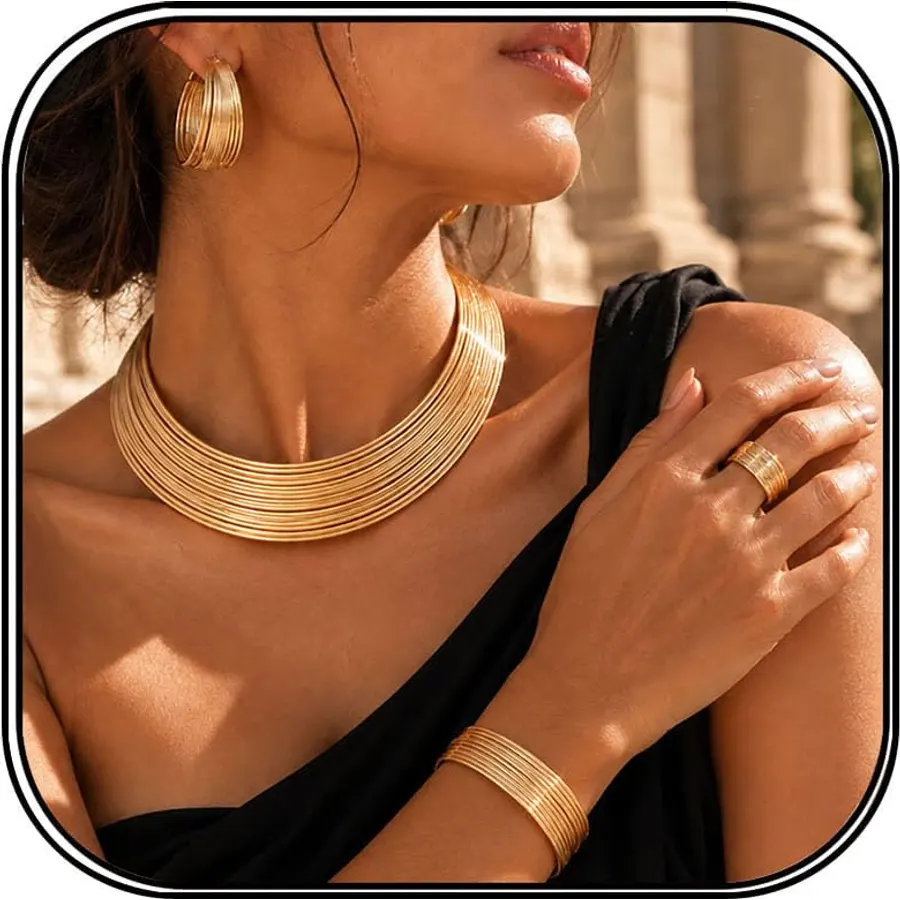 14K Gold Plated African Jewelry Set for Women Chunky Statement Jewelry