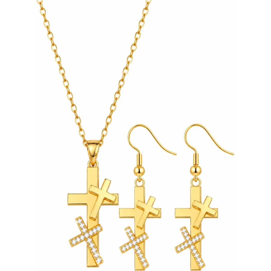 14K Gold Plated Cross Necklace and Dangle Earrings Set for Women