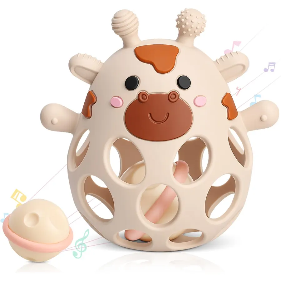 2-in-1 Baby Teething Rattle Toys, Silicone Teethers for 3-6 6-12 Months