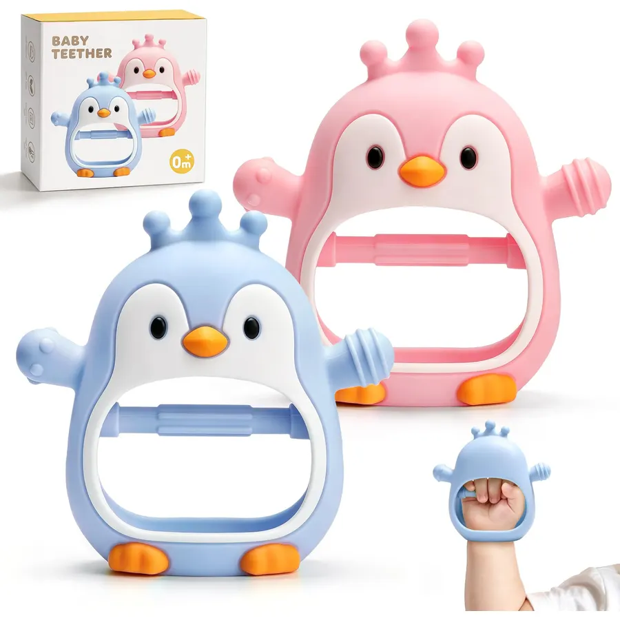 2 Pack Penguin Baby Teething Toys 3-6 6-12 Months, Silicone Teether Mittens