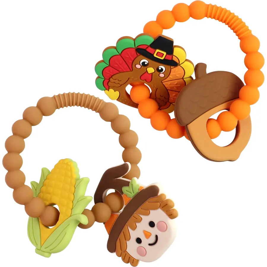 2 PCS Thanksgiving Teething Ring Toys, Silicone Baby Turkey Corn Teether