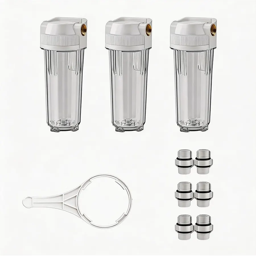 3-pack 10-inch universal clear filter housings with 1/2-inch brass threaded fittings, suitable for tap water pre-filtration and whole-house water purification systems