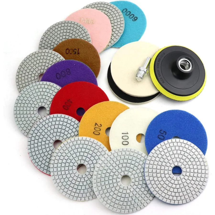 4 Inch Diamond Polishing Pads with 5/8’’-11 Backer Pad, 12PCS Wet/Dry Granite Stone Polish Pad Kit for Drill, Grinder, Polisher, 50-6000 Grit Polishing Pad for Concrete Marble Rock Countertop Quartz