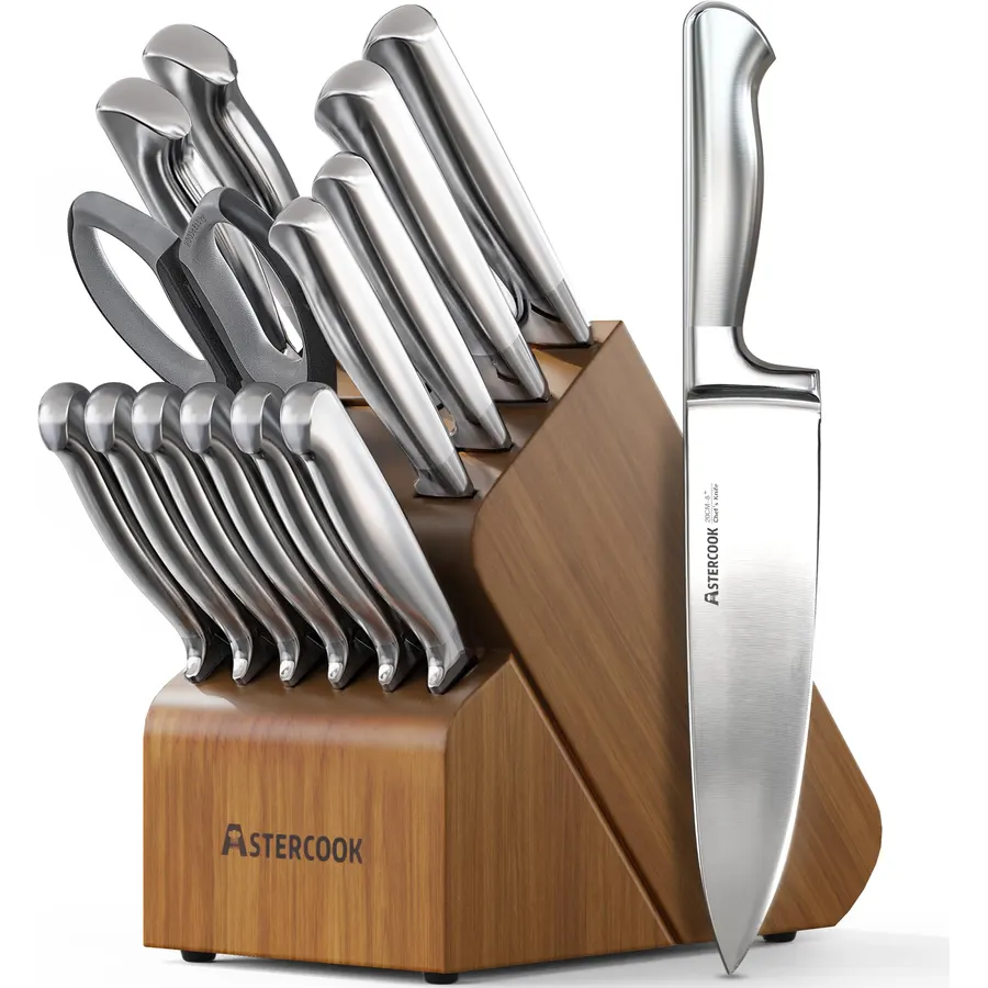 Kitchen Knife Set with Block, 17-Piece Stainless Steel Knife Set, Kitchen Knives Including Chef Knife, Steak Knives, Honing Rod and Kitchen Scissors, Knife Block Set