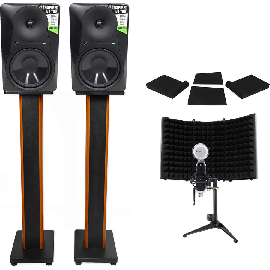Audiosavings Bundle: (2) MR824 8 170W Powered Studio Monitors Bundle with (2) Rockville 36" Stands + (2) Foam Pads + Condenser Mic w/Metal Shock Mount + RockShield 1 Isolation Shield (8 Items)