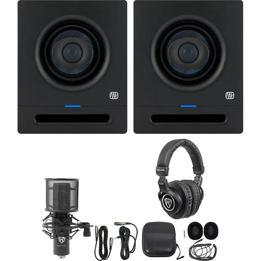 Audiosavings Bundle: (2) Presonus Eris Pro 4 Coaxial 2-Way Powered Studio Monitor Speaker Bundle with (1) Rockville PRO-M50 Studio Headphones & (1) Rockville RCM PRO Condenser Microphone
