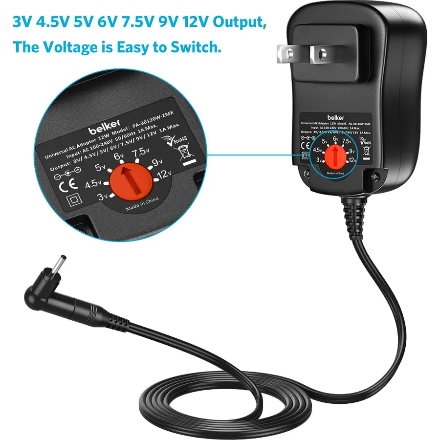 Belker 12W Universal 3V 4.5V 5V 6V 7.5V 9V 12V AC DC Adapter with 8 Tips