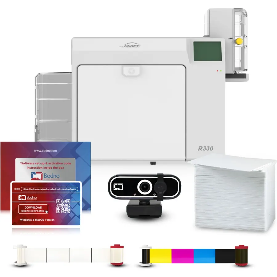 Bodno Seaory R330 Retransfer Dual Sided ID Card Printer & Complete Supplies Package ID Software and Camera - Bronze Edition