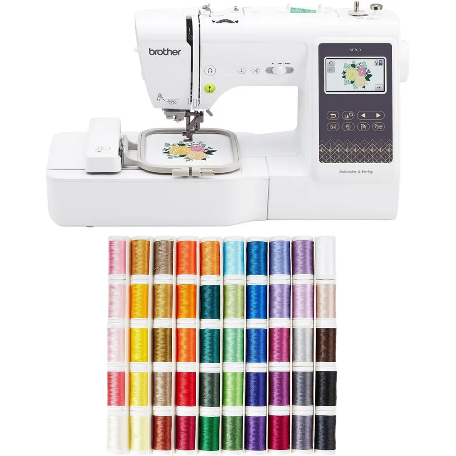 Brother SE700 Sewing and Embroidery Machine with Wireless LAN, 4" x 4" Hoop Area, 3.7" Touchscreen, SA650 Designio 50-Color Thread Set