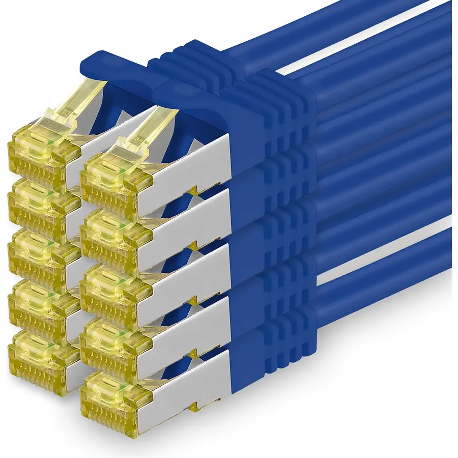 Cat.7 Patch Cable Set S/FTP (PiMF) Ethernet LAN Network Cables 10 Gigabit/s High Speed 600 MHz with Locking Protection Halogen-Free (LSZH) Blue - 10 Pieces 1 5m