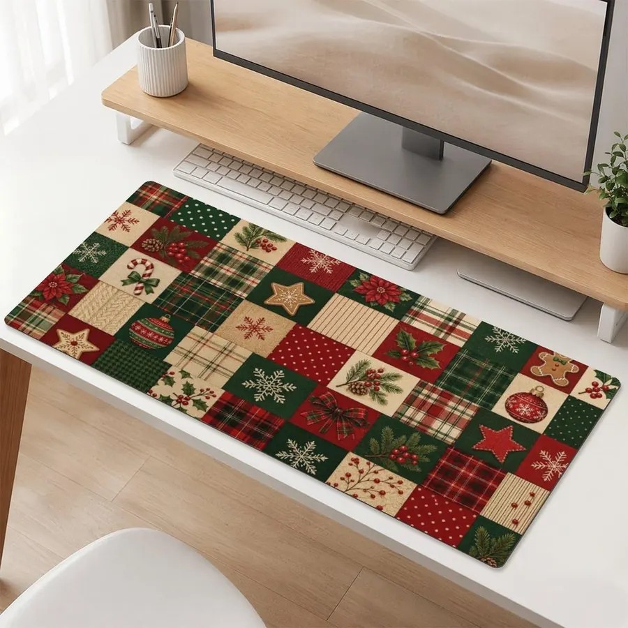 Christmas Patchwork Quilt Mouse Pad Desk Mat, Rounded Corners, Fabric Surface, Rubber Base 35.5"x16"