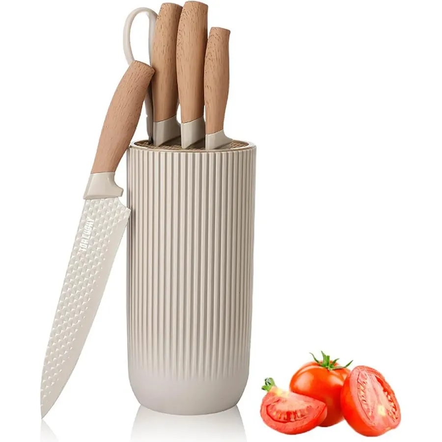 Knife Set, 6 Piece Chef Knife Set for Kitchen, Cooking Knife Sets with Universal Knife Block, Anti-Rust Non-stick Stainless Steel Knife Block Set, Sharp Knives with Ergonomical Design (Beige)