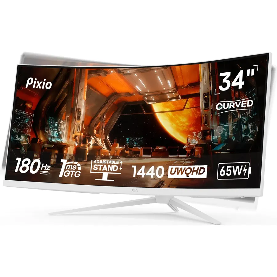 Pixio PXC348C Neo White 34 Inch 180Hz Refresh Rate UWQHD 1440p Ultrawide Resolution 1000R Curve Fast VA Panel 1ms Response Time USB-C Displayport 65W Charging Adaptive Sync HDR Curved Gaming Monitor