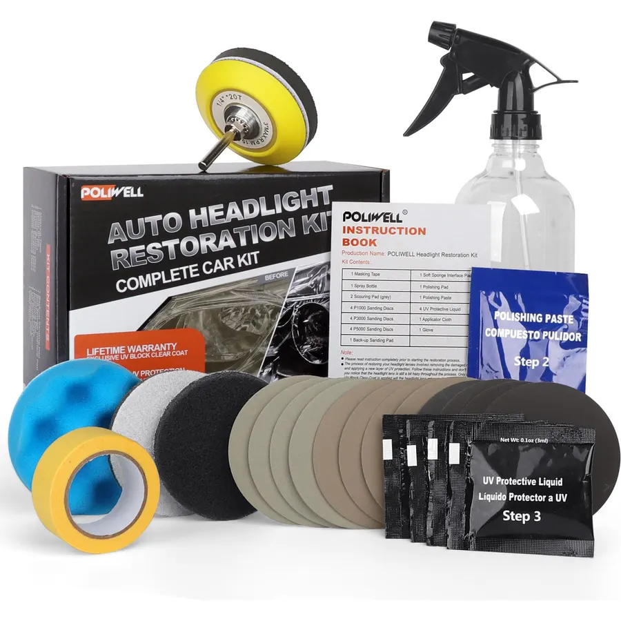 POLIWELL Headlight Restoration Kit 3 Easy Steps to Restore Sun Damaged Headlights Polish Headlights Lens Restore Cleaner DIY Polishing, Sanding Discs, Scouring Pads for Electric Drill, Total 24Pack