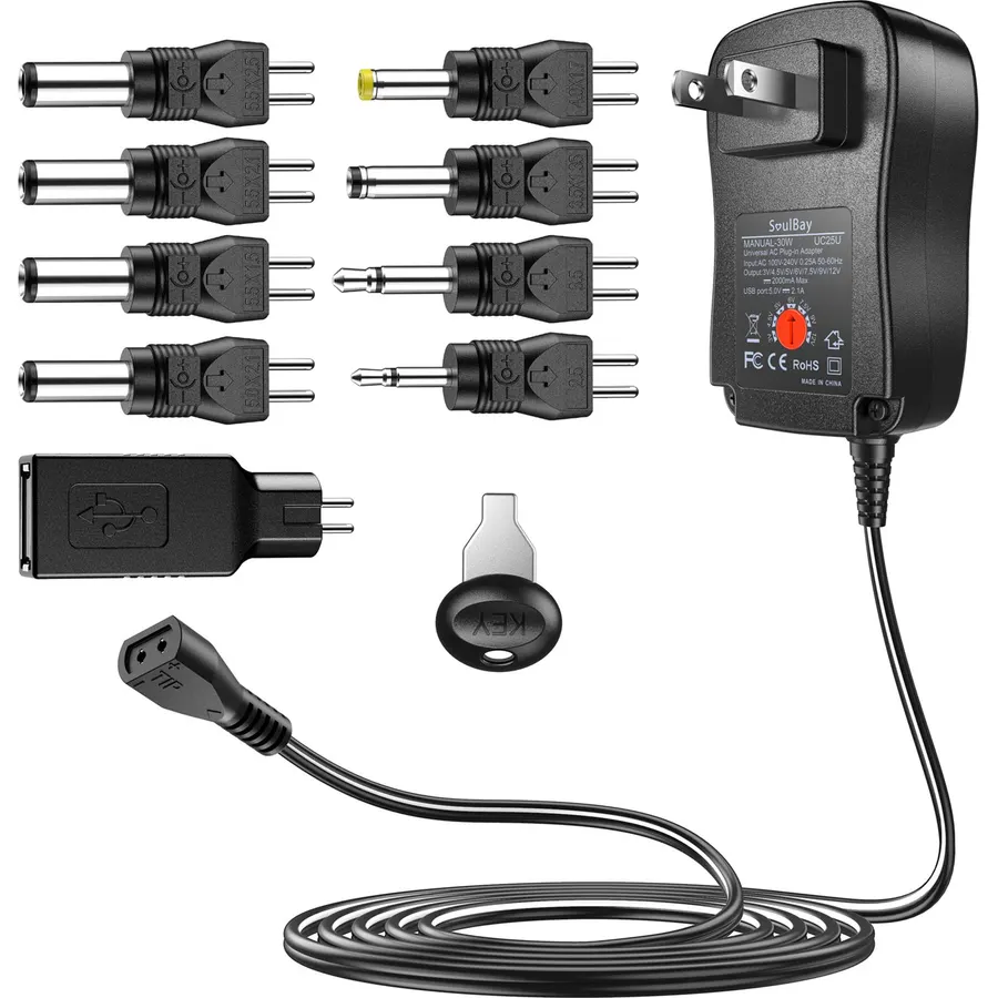 SoulBay Reverse Polarity 30W Universal AC DC Adapter 3V-12V 2A with 9 Tips