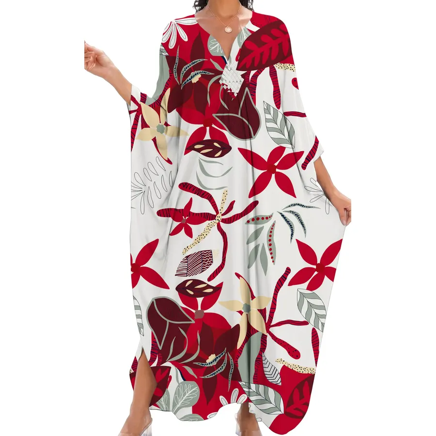 Women Kaftan Dresses V-Neck Batwing Sleeves Beach Cover Up Floral Print Caftan Dress with Pockets